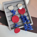 Ethnic Klein Blue Acrylic Bead Tassel Red Round Disc Alloy Silver Needle Statement Earrings view 3