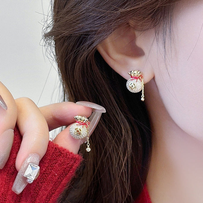 Copper Zirconia Lucky Bag Tassel Drop Earrings New Chinese Vintage New Year Style