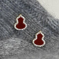Gold Plated Copper Zircon Gourd Stud Earrings With Silver Posts Vintage Chinese Style Jewelry view 1