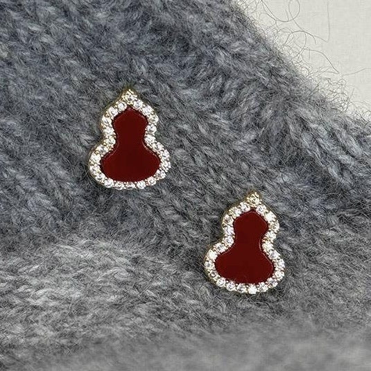 Gold Plated Copper Zircon Gourd Stud Earrings With Silver Posts Vintage Chinese Style Jewelry