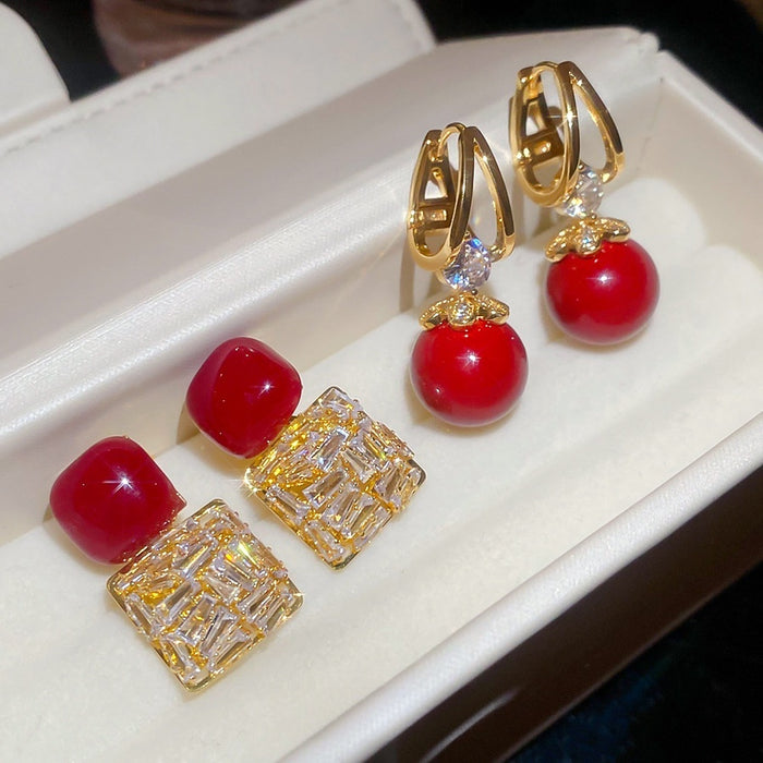 Copper Silver Needle Red Square Zircon Stud Earrings Vintage Light Luxury OL Style