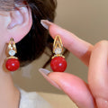 Copper Silver Needle Red Square Zircon Stud Earrings Vintage Light Luxury OL Style view 4