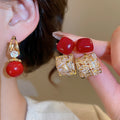 Copper Silver Needle Red Square Zircon Stud Earrings Vintage Light Luxury OL Style view 2
