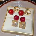 Copper Silver Needle Red Square Zircon Stud Earrings Vintage Light Luxury OL Style view 3