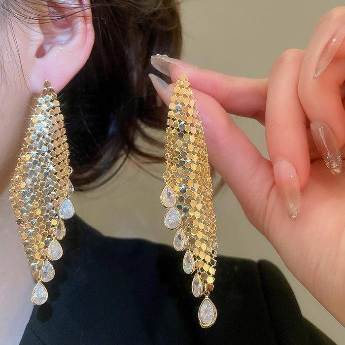 Vintage Gold Plated Copper Zircon Teardrop Tassel Drop Earrings With Silver Posts