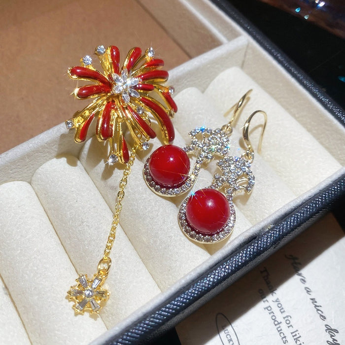 Light Luxury Alloy Rhinestone Enamel Firework Earrings Brooch Jewelry Set For Women