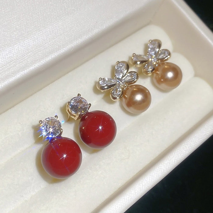 Silver Needle Zircon Bow Faux Pearl French Vintage Light Luxury Drop Earrings