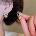 Silver Needle Zircon Bow Faux Pearl French Vintage Light Luxury Drop Earrings view 4