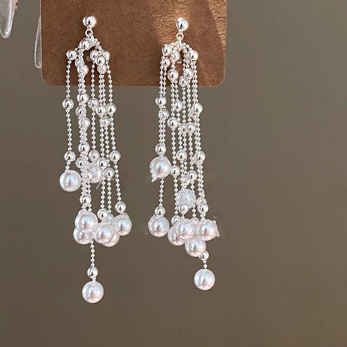 Light Luxury Faux Pearl Tassel Drop Earrings Geometric Round Elegant Stud Earrings For Women