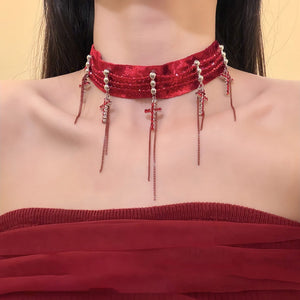 Faux Crystal Velvet Cross Tassel Choker Necklace Sweet Cool Geometric Collarbone Jewelry