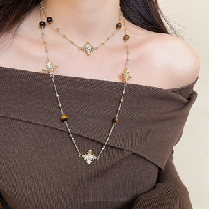 Copper Tiger Eye Cross Sweater Necklace With Rhinestones, Vintage Maillard Women's Choker