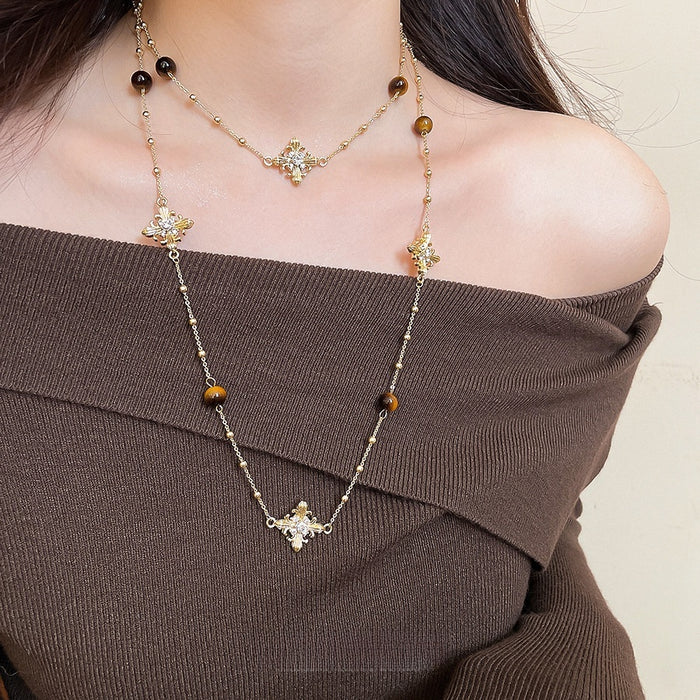 Copper Tiger Eye Cross Sweater Necklace With Rhinestones, Vintage Maillard Women's Choker