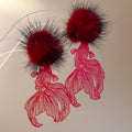 Elegant New Chinese Plush Koi Fish Hollow Silver Needle Pom Ball Drop Earrings view 4