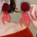 Elegant New Chinese Plush Koi Fish Hollow Silver Needle Pom Ball Drop Earrings view 1