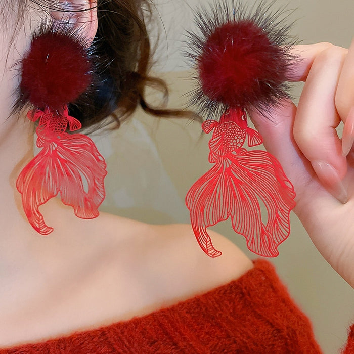 Elegant New Chinese Plush Koi Fish Hollow Silver Needle Pom Ball Drop Earrings