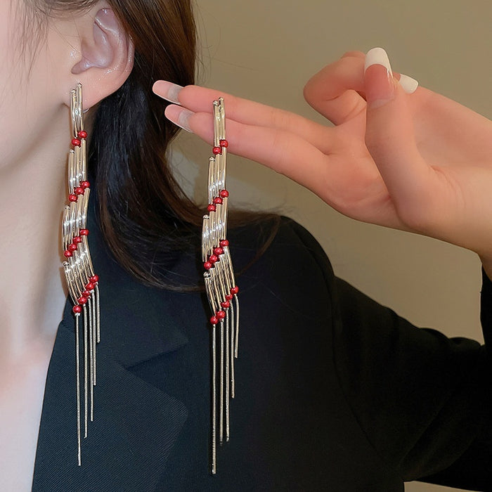 Copper Geometric Rectangle Tassel Drop Earrings With Silver Pins Light Luxury Minimalist Style