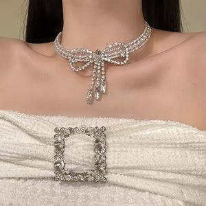 Copper Rhinestone Bow Tassel Choker Necklace, Elegant Light Luxury Collarbone Jewelry For Women