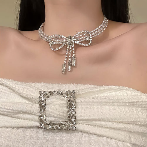 Copper Rhinestone Bow Tassel Choker Necklace, Elegant Light Luxury Collarbone Jewelry For Women