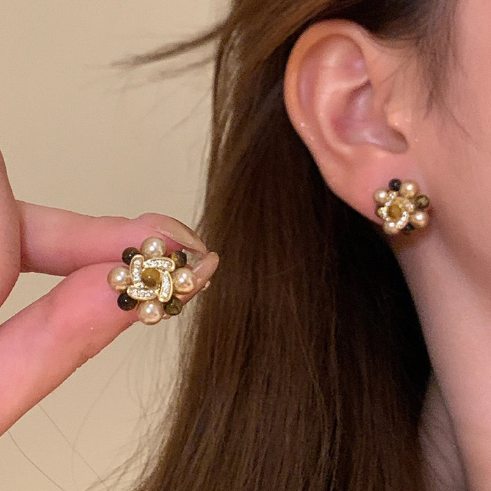 Vintage Floral Faux Pearl Zircon Stud Earrings With Gold Plated Silver Pins For Women