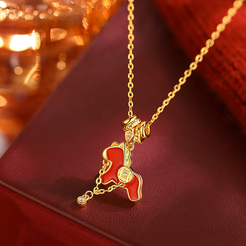 Gold Plated Copper Zircon Enamel Horse Pendant Necklace For Women Light Luxury Collarbone Chain