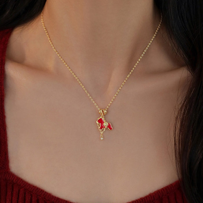 Gold Plated Copper Zircon Enamel Horse Pendant Necklace For Women Light Luxury Collarbone Chain