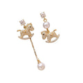 Gold Plated Zircon Asymmetric Pony Faux Pearl Stud Earrings Light Luxury Zodiac Horse Jewelry view 5
