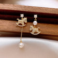 Gold Plated Zircon Asymmetric Pony Faux Pearl Stud Earrings Light Luxury Zodiac Horse Jewelry view 1