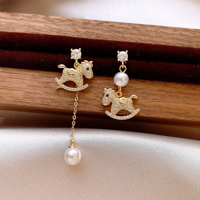 Gold Plated Zircon Asymmetric Pony Faux Pearl Stud Earrings Light Luxury Zodiac Horse Jewelry
