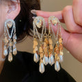 Gold Plated Silver Needle Teardrop Faux Pearl Rhinestone Court Vintage Stud Earrings view 1