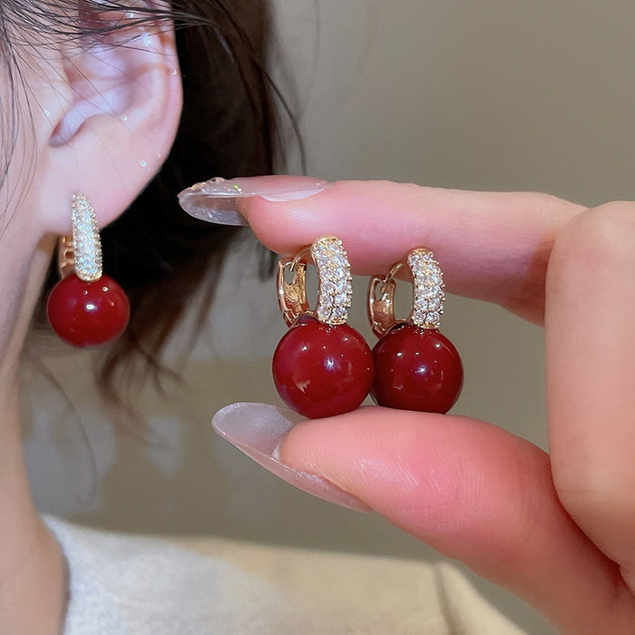 Elegant Vintage Red Zircon Resin Round Stud Earrings For Women Fashion OL Geometric Jewelry