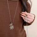 Old Money Alloy Tiger Eye Beaded Pleated Flower Sweater Necklace, Light Luxury Floral Choker view 1
