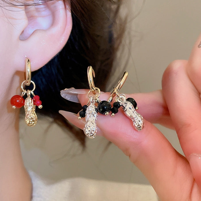 New Chinese Style Artificial Crystal Beaded Peanut Pendant Drop Earrings, Vintage Geometric Round Ear Jewelry