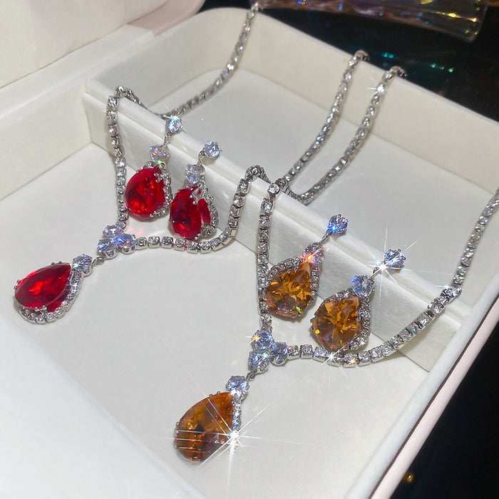 Vintage Light Luxury Copper Zircon Teardrop Earrings Necklace Jewelry Set