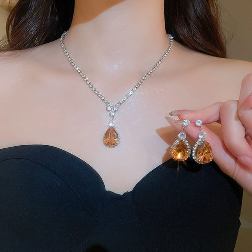 Vintage Light Luxury Copper Zircon Teardrop Earrings Necklace Jewelry Set