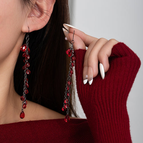 Elegant Vintage Chinese Style Red Crystal Bead Alloy Long Chain Tassel Dangle Drop Fashion Earrings