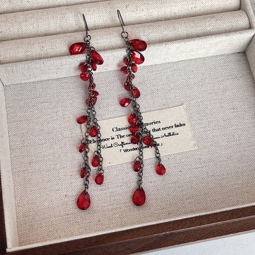 Elegant Vintage Chinese Style Red Crystal Bead Alloy Long Chain Tassel Dangle Drop Fashion Earrings