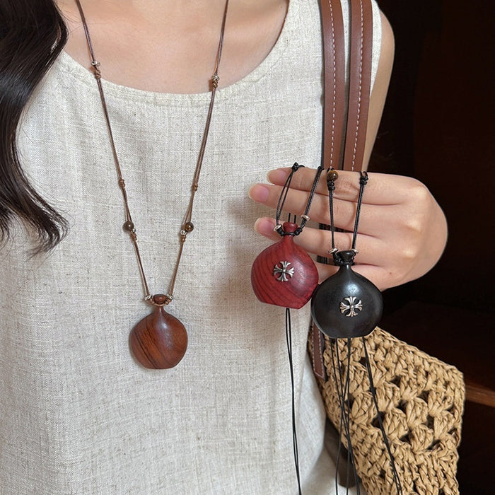 Wooden Heart Pendant Necklace New Chinese Style Oval Geometric Casual Clavicle Chain