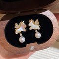 18K Gold Plated Silver Needle Zircon Faux Pearl Horse Stud Earrings Light Luxury Zodiac Jewelry view 3