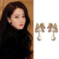 18K Gold Plated Silver Needle Zircon Faux Pearl Horse Stud Earrings Light Luxury Zodiac Jewelry view 2
