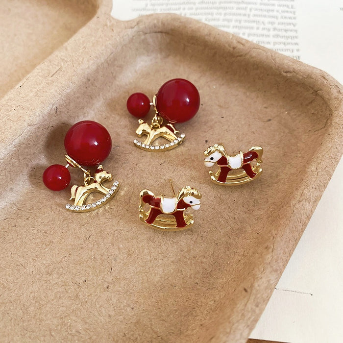 Light Luxury Red Resin Zodiac Horse Stud Earrings With Silver Needle For Women