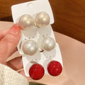Light Luxury Red Round Faux Pearl Stud Earrings With Silver Needle, Elegant Geometric Fashion Jewelry view 4