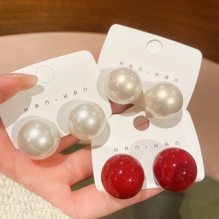Light Luxury Red Round Faux Pearl Stud Earrings With Silver Needle, Elegant Geometric Fashion Jewelry