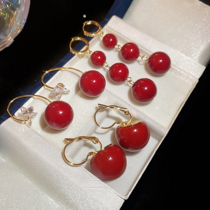 Gold Plated Red Resin Round Bead Tassel Drop Earrings For Women Light Luxury New Year Jewelry