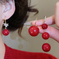 Gold Plated Red Resin Round Bead Tassel Drop Earrings For Women Light Luxury New Year Jewelry view 2