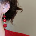 Gold Plated Red Resin Round Bead Tassel Drop Earrings For Women Light Luxury New Year Jewelry view 4
