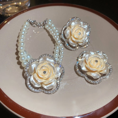 Light Luxury Resin Rhinestone Glass Flower Pearl Beaded Bracelet Jewelry Set For Women