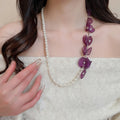 Faux Pearl Chiffon Flower Beaded Sweater Necklace, New Chinese Minimalist Casual Collarbone Chain view 3
