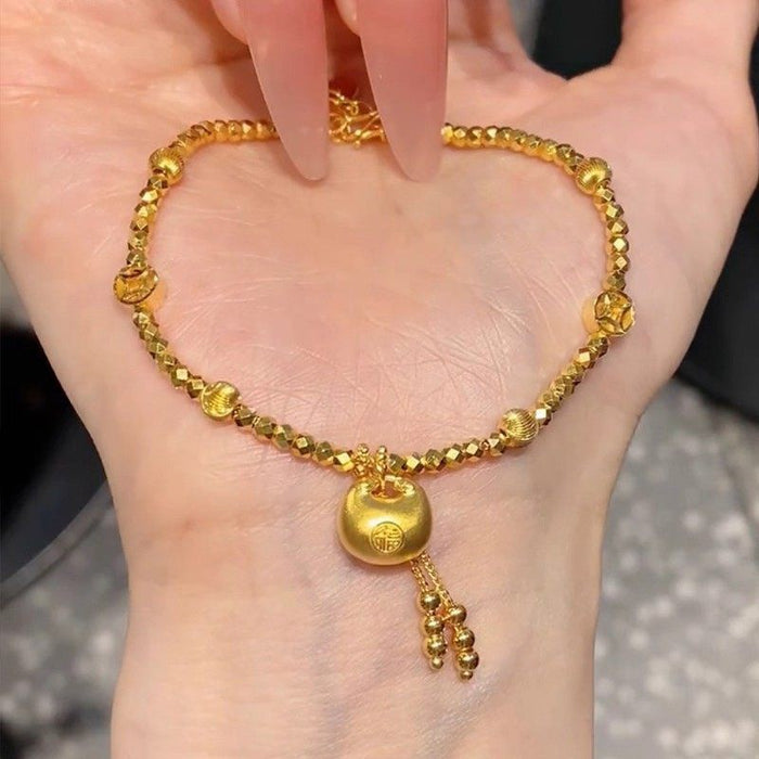 24K Gold Plated Copper Lucky Lock Oval Geometric New Chinese Style Bangle For Women