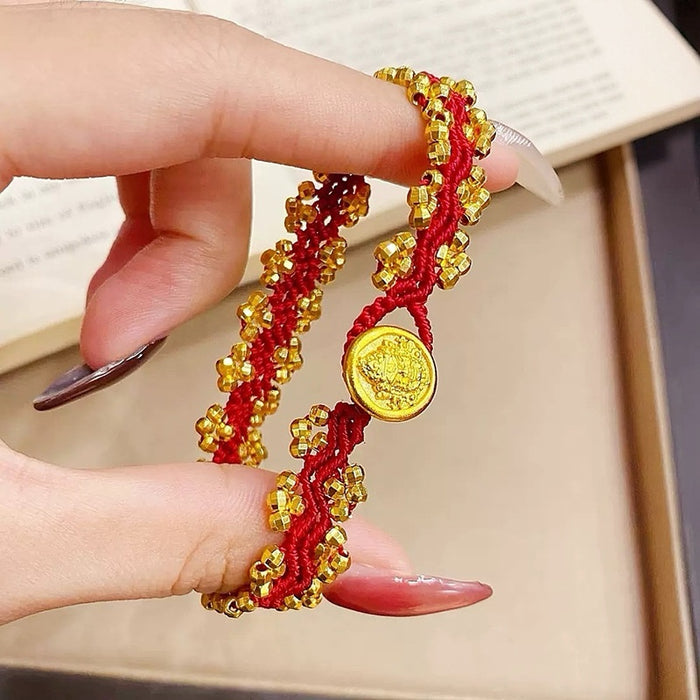 Gold Plated Copper Braided Red Cord Bangle New Chinese Geometric Round Charm Bracelet