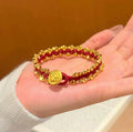 Gold Plated Copper Braided Red Cord Bangle New Chinese Geometric Round Charm Bracelet view 4
